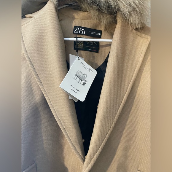 Zara coat wool blend 75% long camel belted rope trench fur collar Manteco - Picture 15 of 15